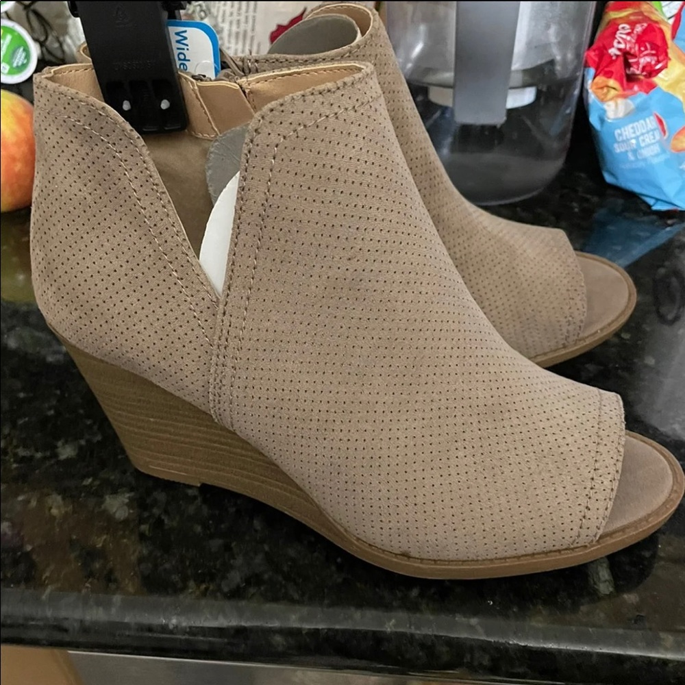 Peep toe wedge booties